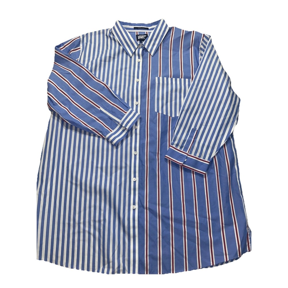 Lands End Women's Red/White/Blue Vertical Striped Button Up, Sz 18, 3/4 Length - Picture 1 of 9